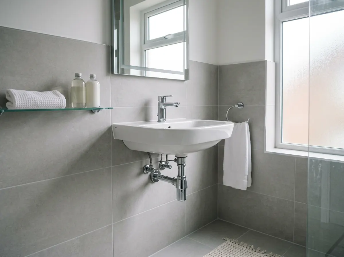 A clean bathroom basin with a chrome mixer tap