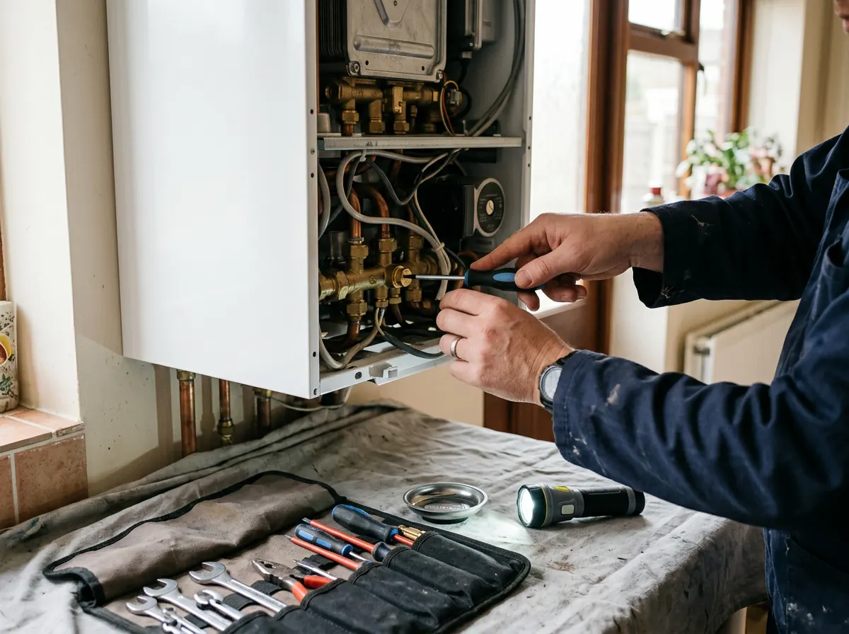 An engineer servicing the inside of an open combi boiler