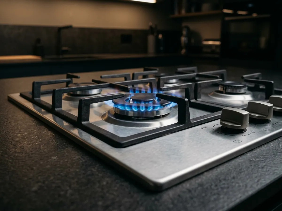 A gas hob burning with an even blue flame