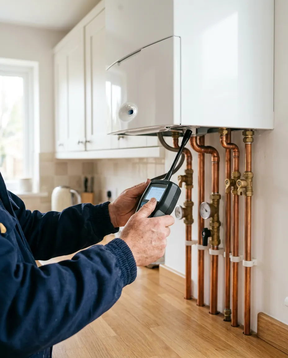 A heating engineer testing a combi boiler with a flue gas analyser in a home kitchen
