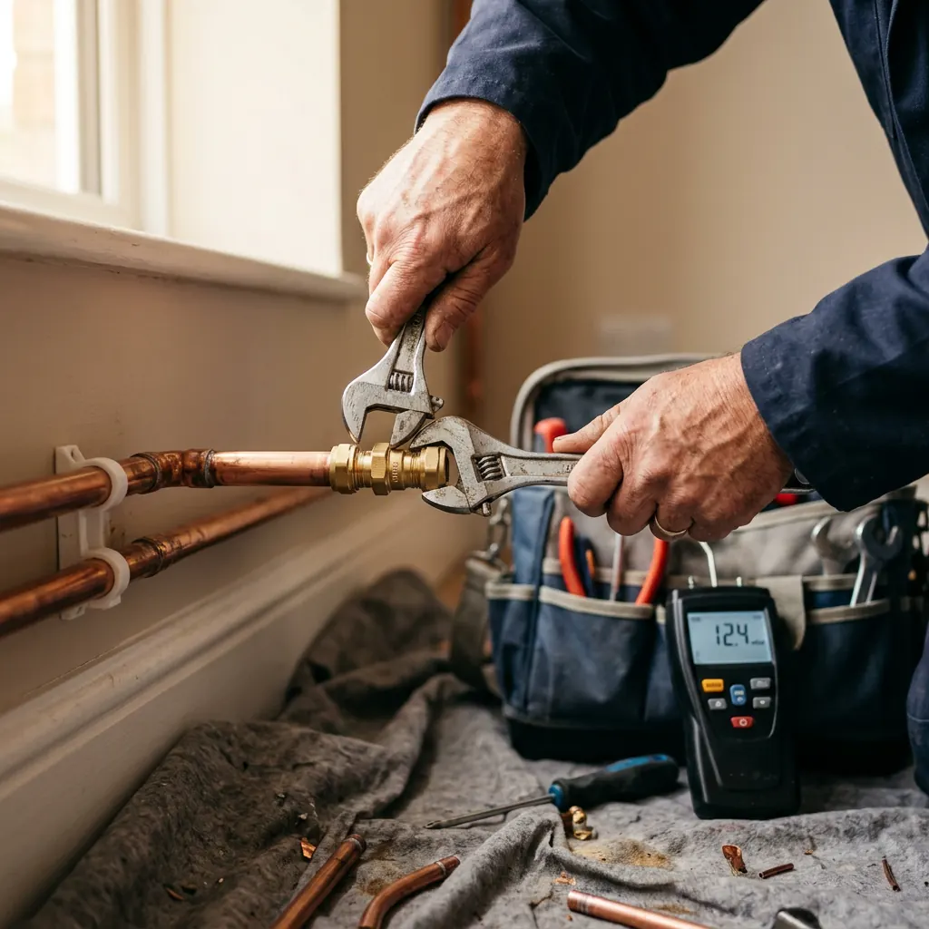An engineer tightening a brass fitting on copper pipe