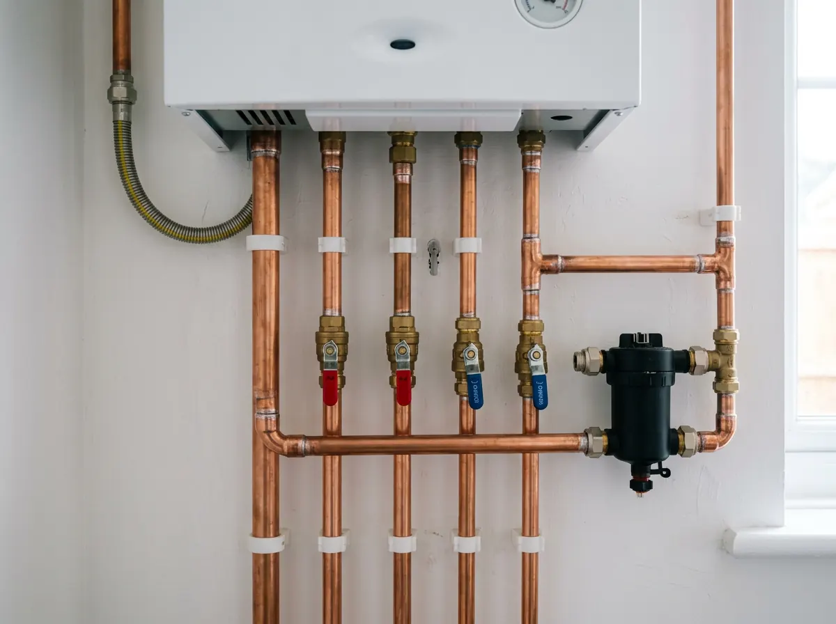Neat copper pipework and isolation valves beneath a boiler
