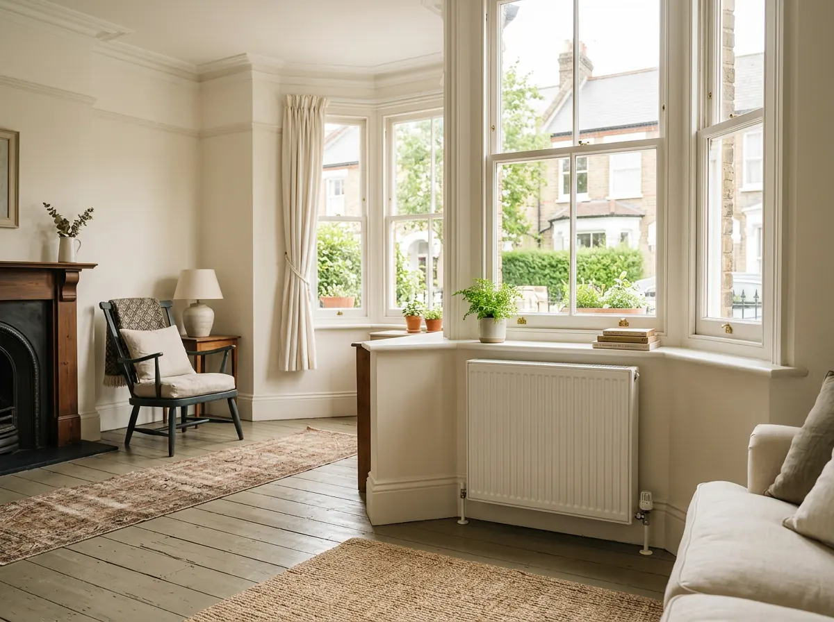A white radiator under the bay window of a terraced house living room