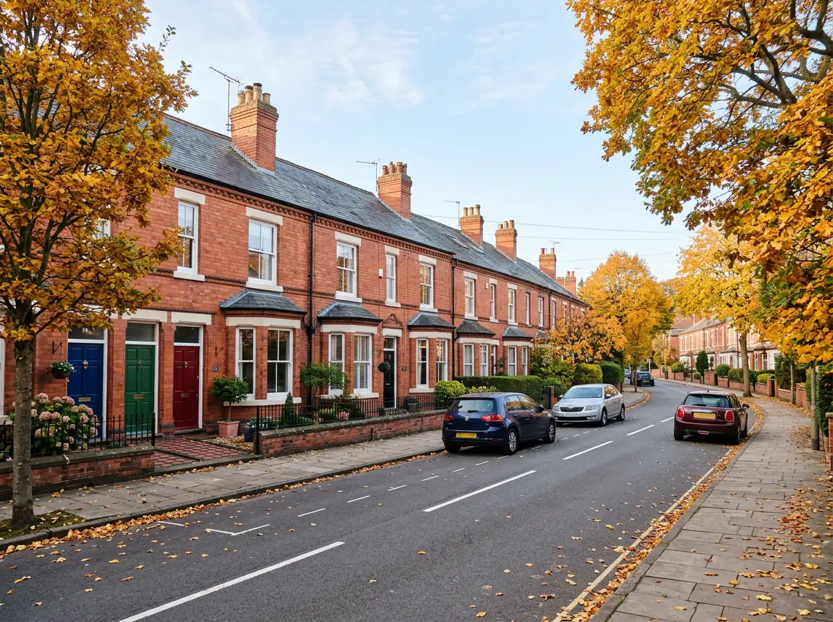 A street of red-brick terraced houses on an autumn morning